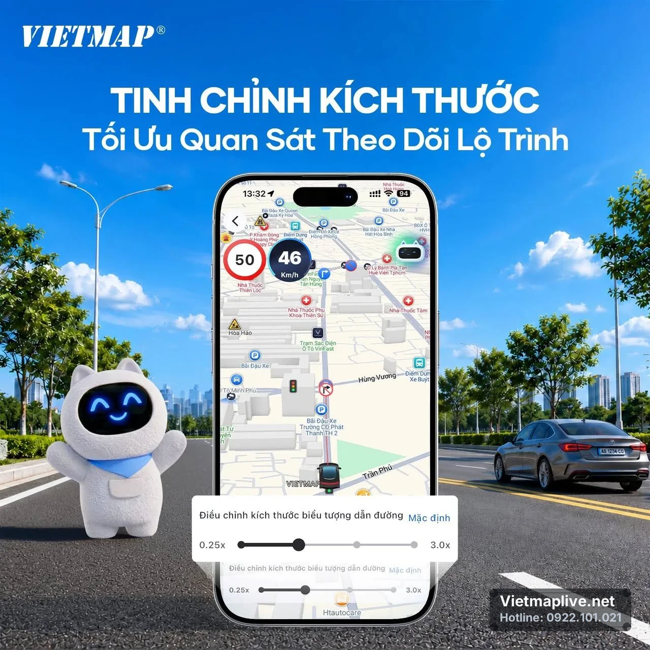 Màn hình VietMap Live hiển thị biểu tượng dẫn đường có thể tùy chỉnh