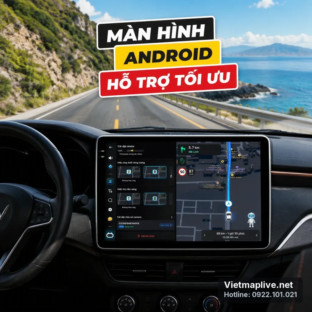 Màn hình Android lắp trên VinFast VF5 hiển thị ứng dụng Vietmap Live