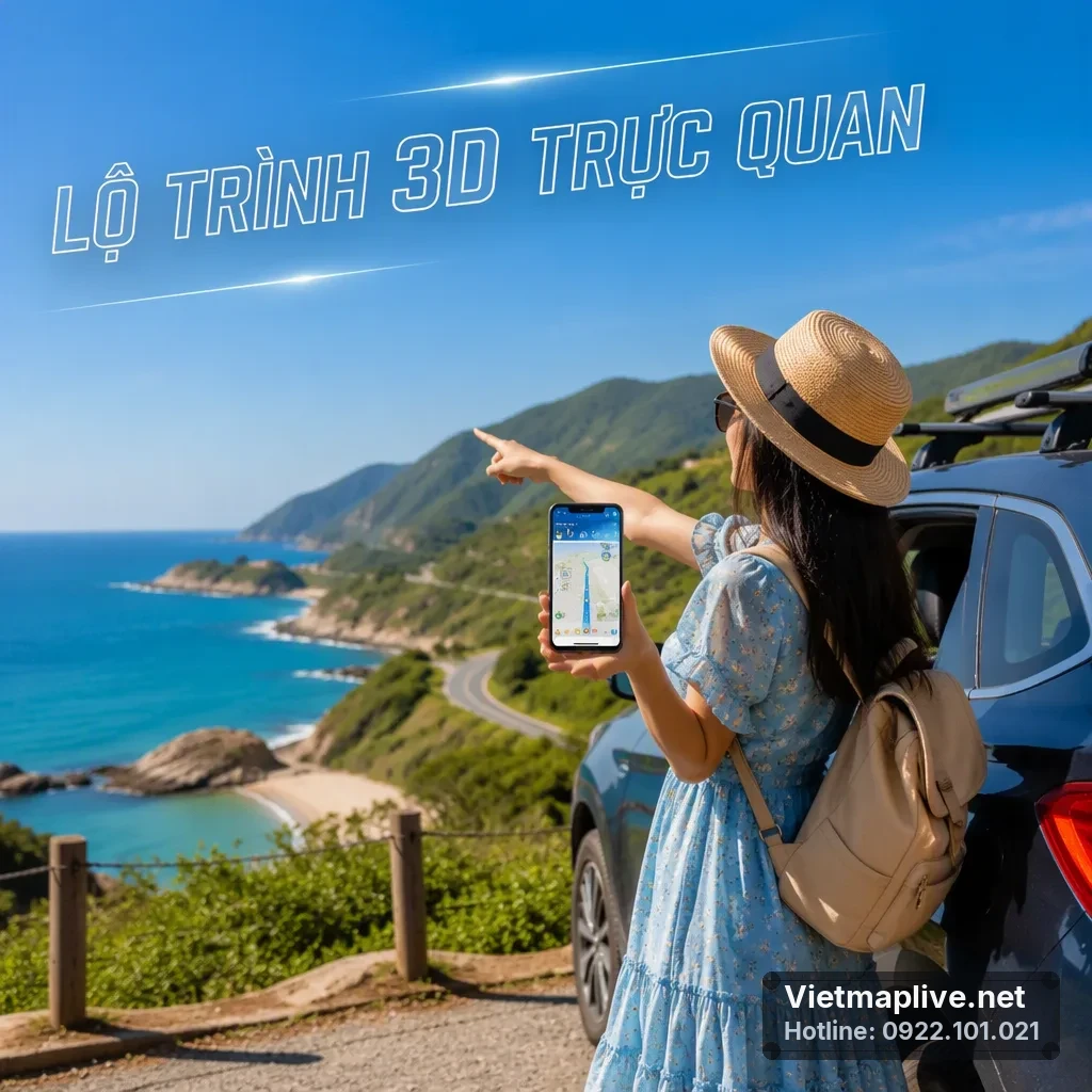Hình ảnh màn hình Vietmap Live hiển thị lộ trình 3D trực quan trên xe