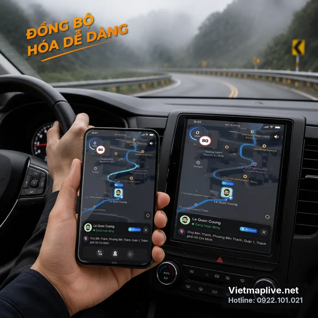 Hình ảnh đồng bộ giao diện Vietmap Live từ điện thoại lên màn hình ô tô