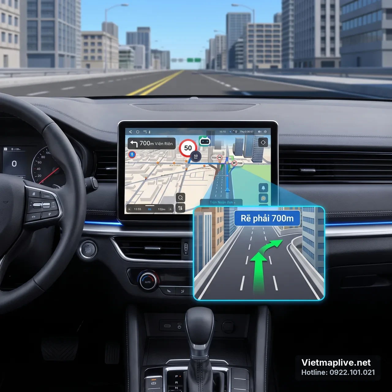 Màn hình Android ô tô hiển thị bản đồ VietMap Live với chỉ dẫn làn đường.