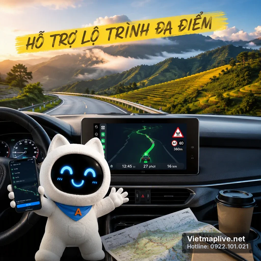 Màn hình điện thoại hiển thị lộ trình đa điểm với VietMap Live