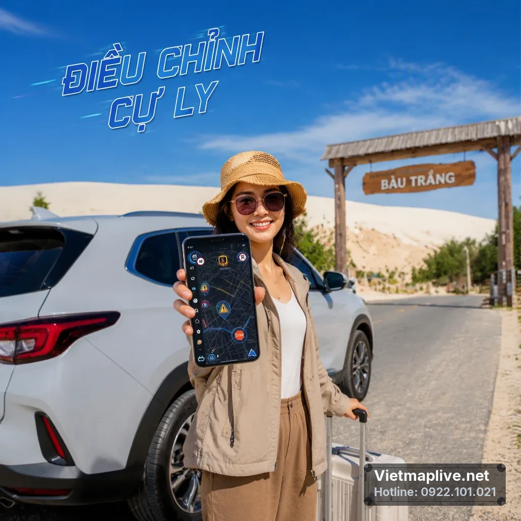 Màn hình ô tô tích hợp Android Auto hiển thị cảnh báo đo khoảng cách trên VietMap Live