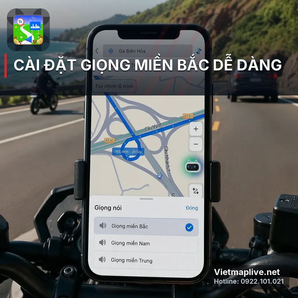 Màn hình điện thoại hiển thị menu chọn giọng đọc trên VietMap Live