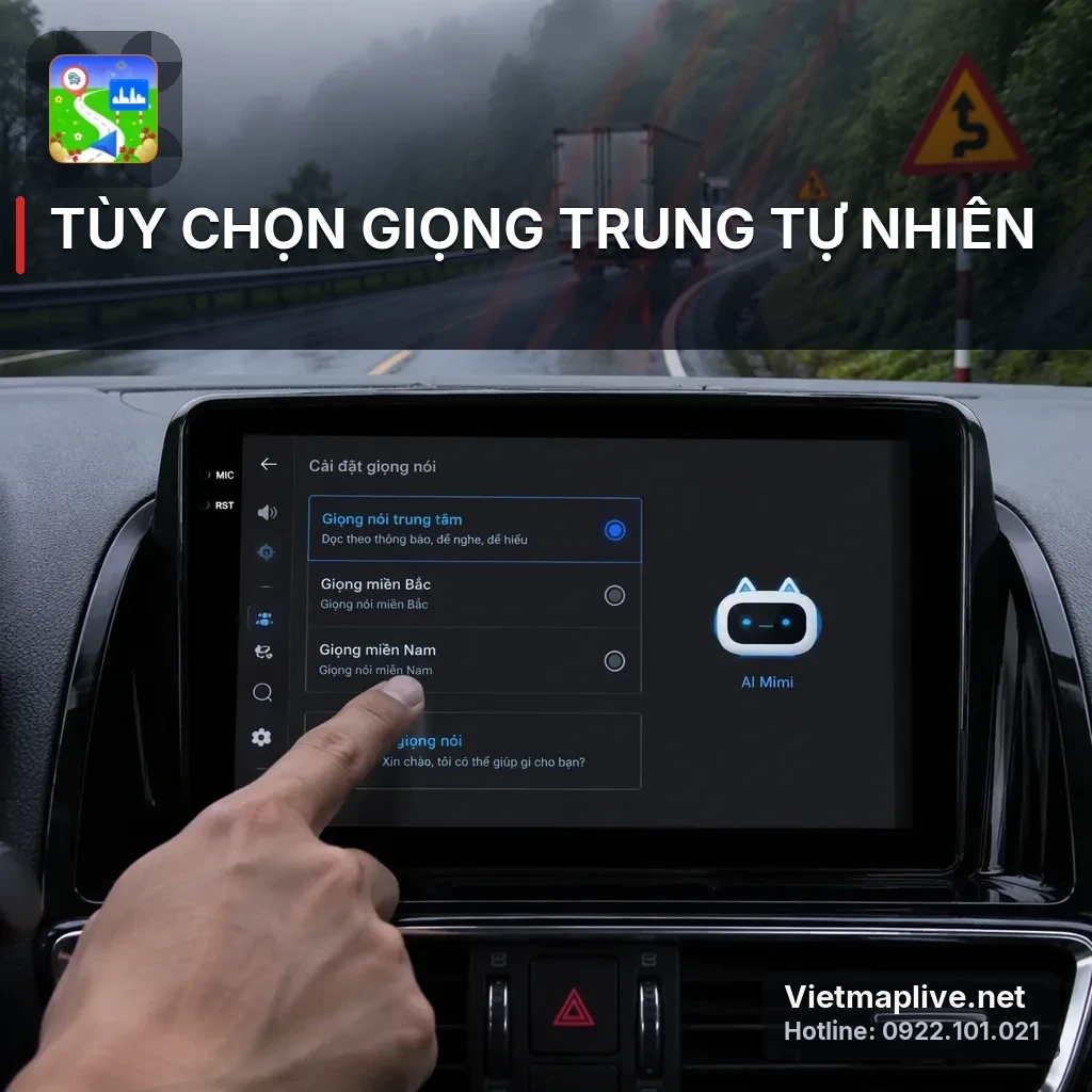 Màn hình xe hơi với ứng dụng VietMap Live chọn giọng miền Trung