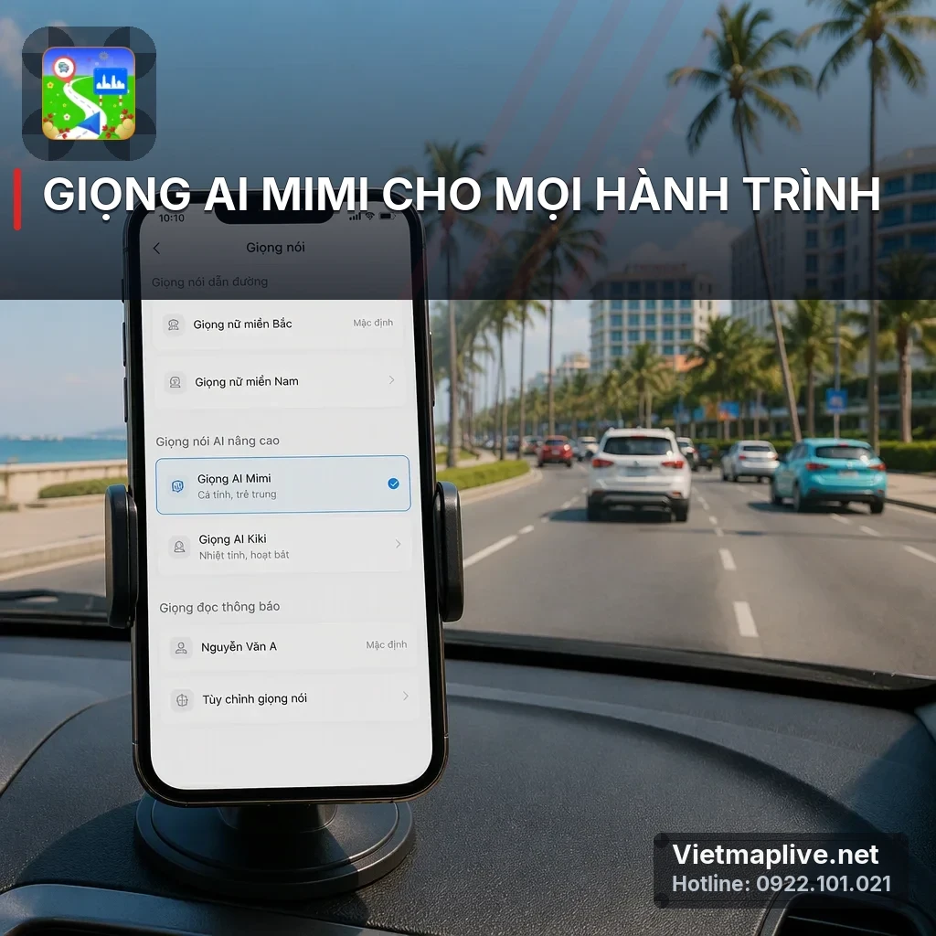 Màn hình điện thoại với tùy chọn giọng AI Mimi trên VietMap Live