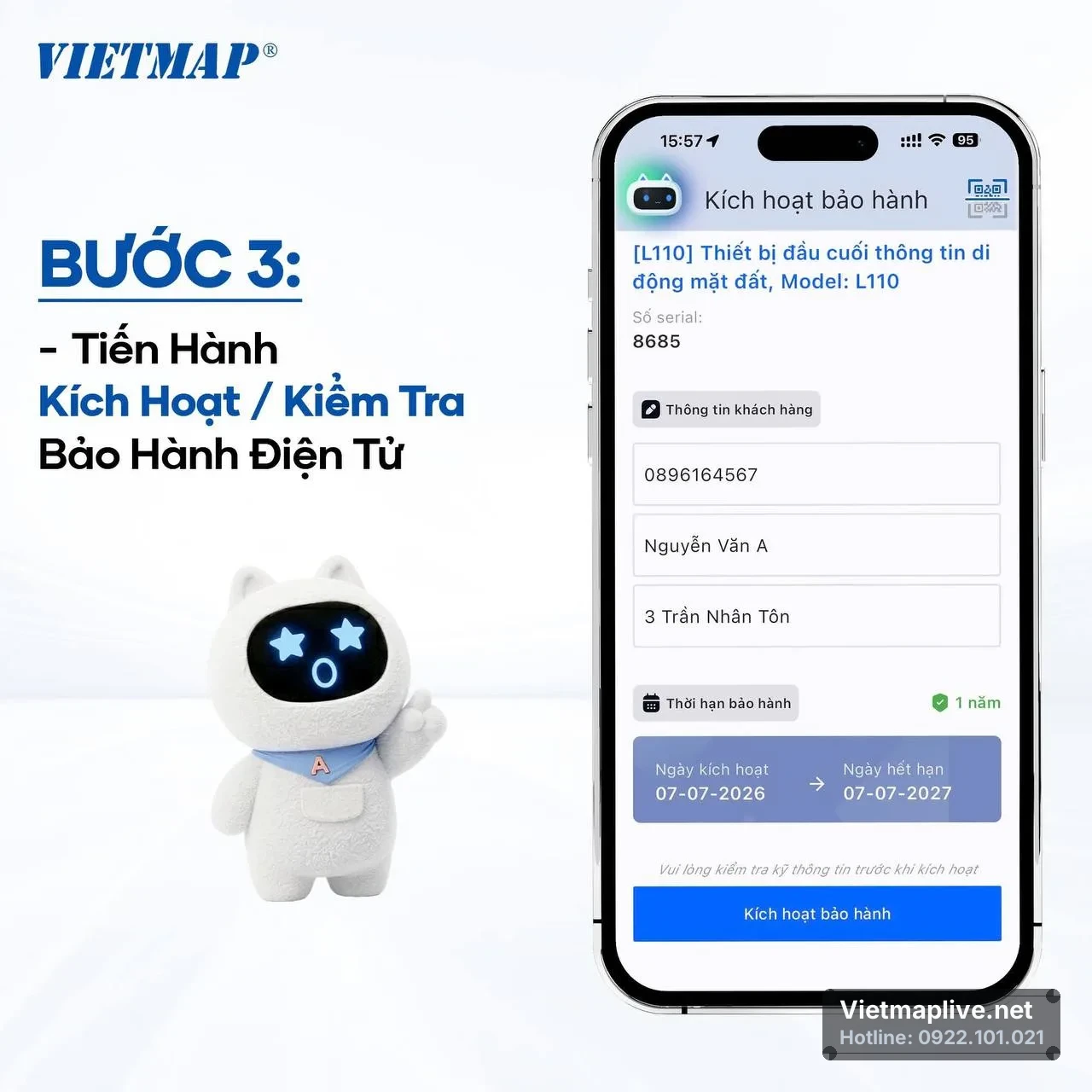 Thông báo kích hoạt bảo hành thành công trên VietMap Live
