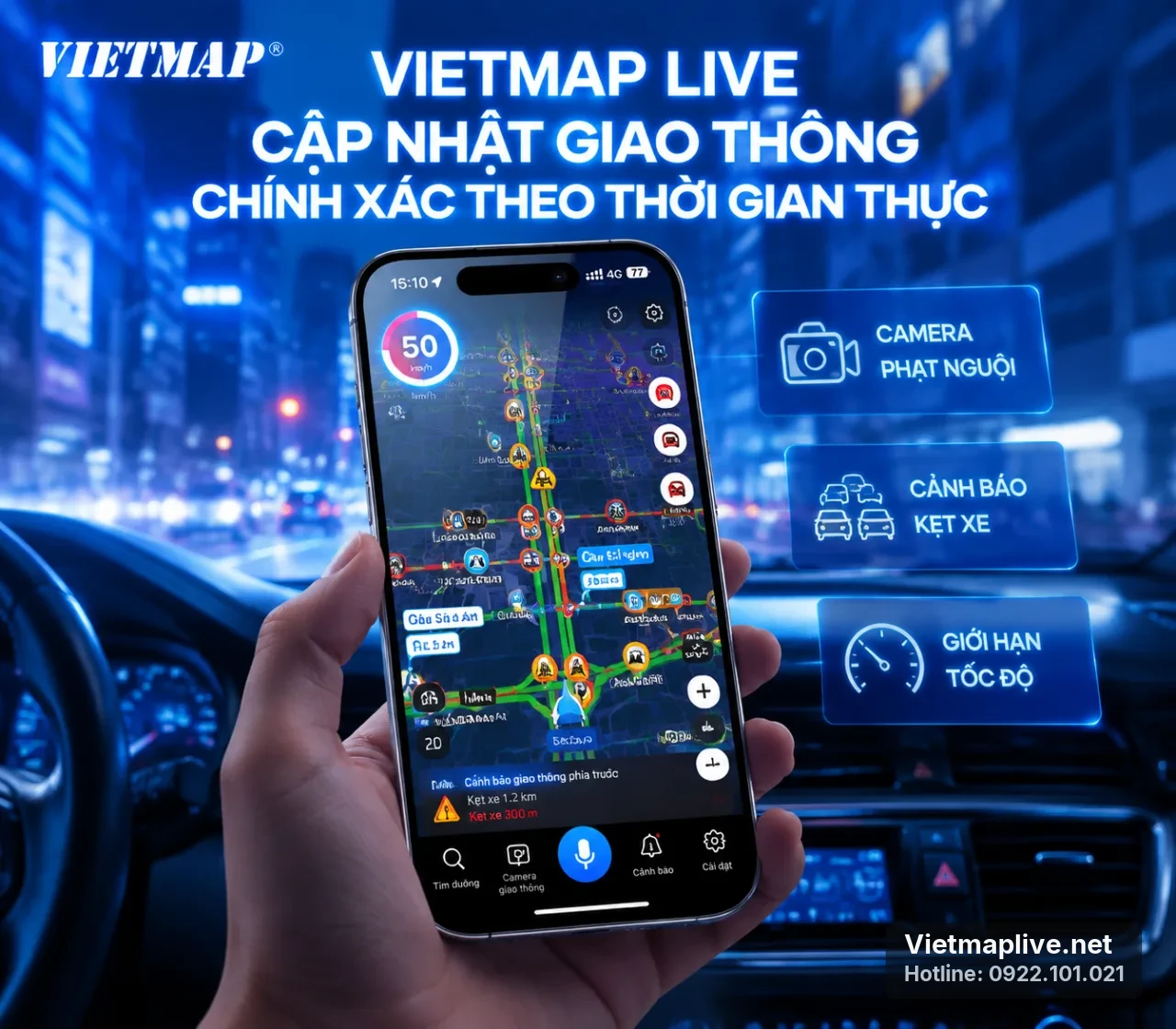 iPhone hiển thị ứng dụng VietMap Live với dữ liệu giao thông chi tiết