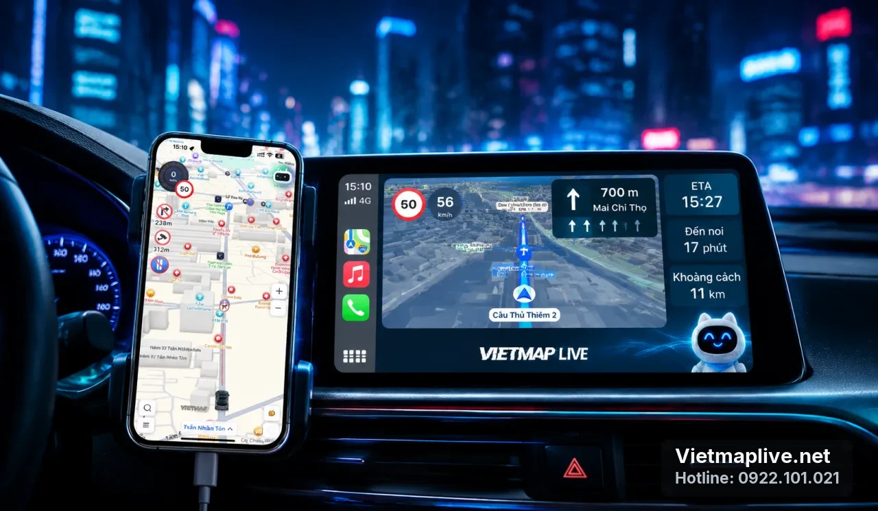 Màn hình xe kết nối CarPlay hiển thị VietMap Live từ iPhone