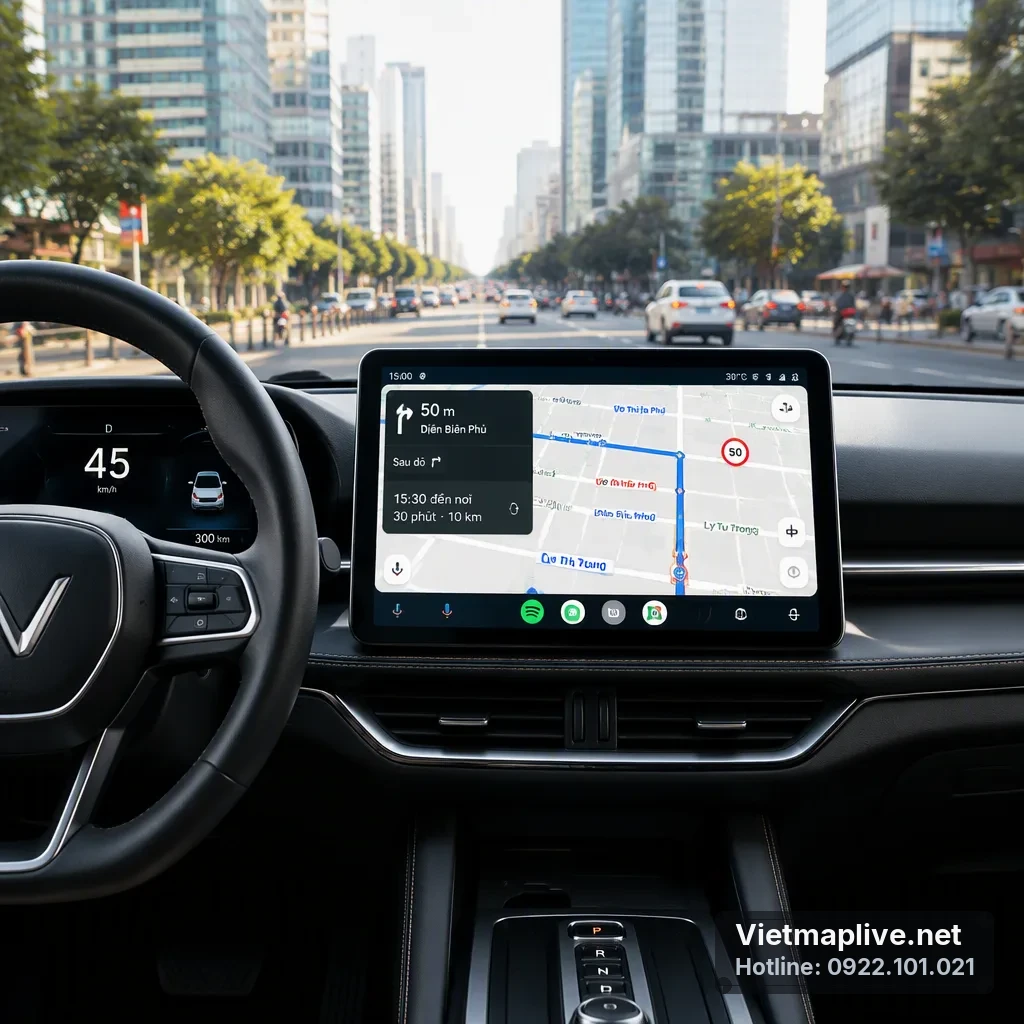 Màn hình Android Auto hiển thị VietMap Live trên xe VinFast