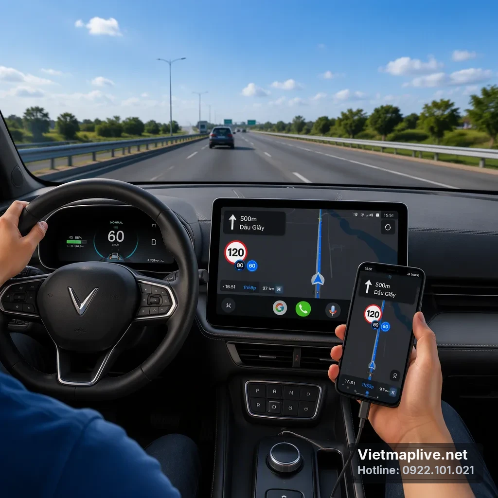 Tài xế sử dụng VietMap Live qua Android Auto trên xe điện VinFast