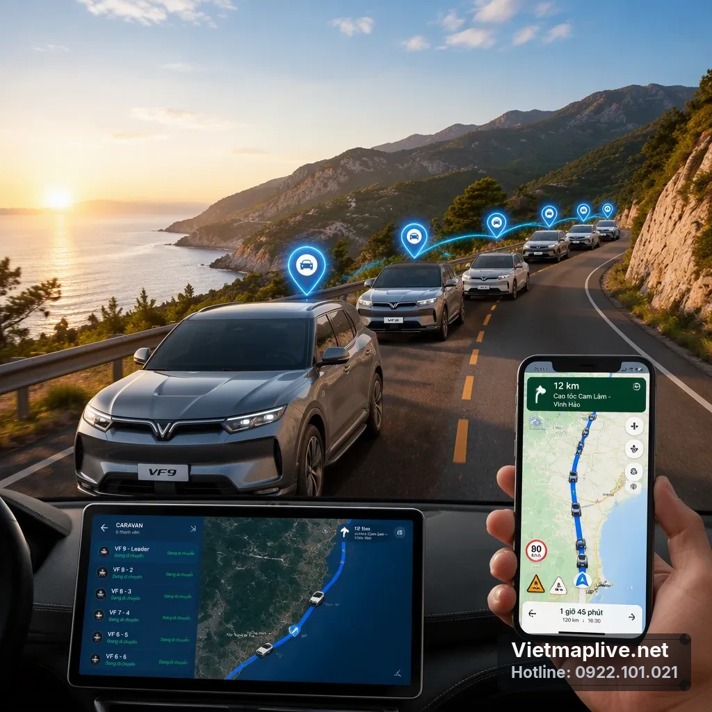 Đoàn xe VinFast sử dụng tính năng đi nhóm của VietMap Live