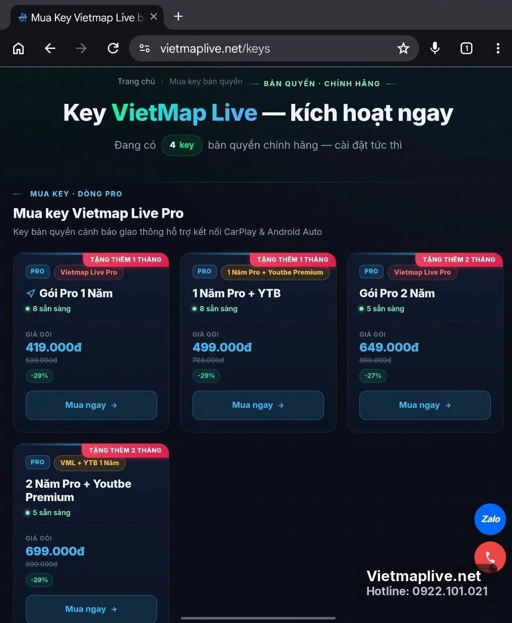 Các gói ưu đãi VietMap Live Pro với thông tin chi tiết về giá và thời gian sử dụng