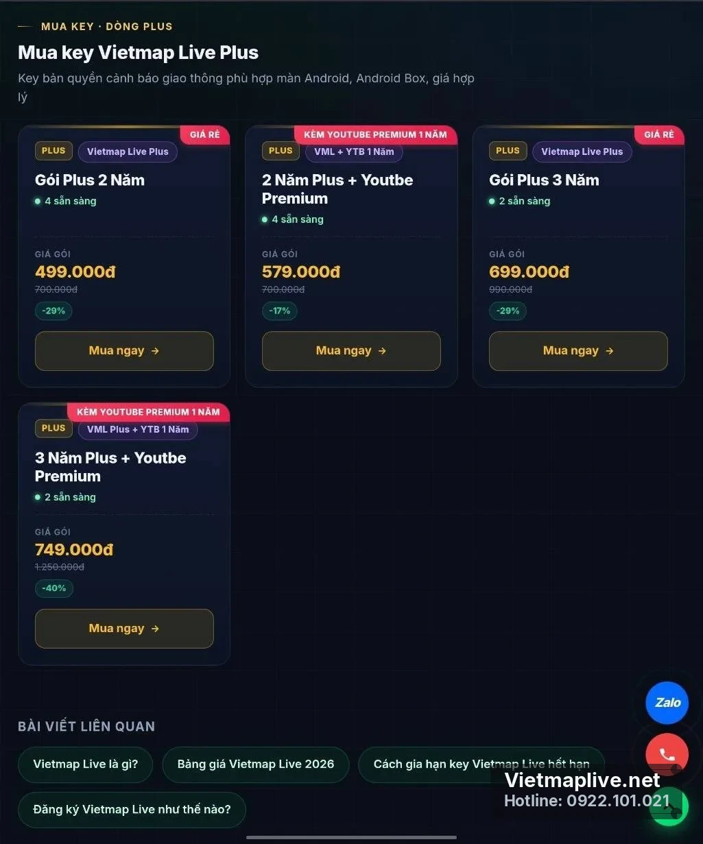 Các gói ưu đãi VietMap Live Plus dành cho màn hình Android và Android Box