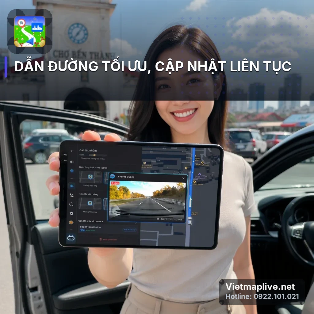 Màn hình xe hiển thị bản đồ VietMap Live với thông tin giao thông chi tiết