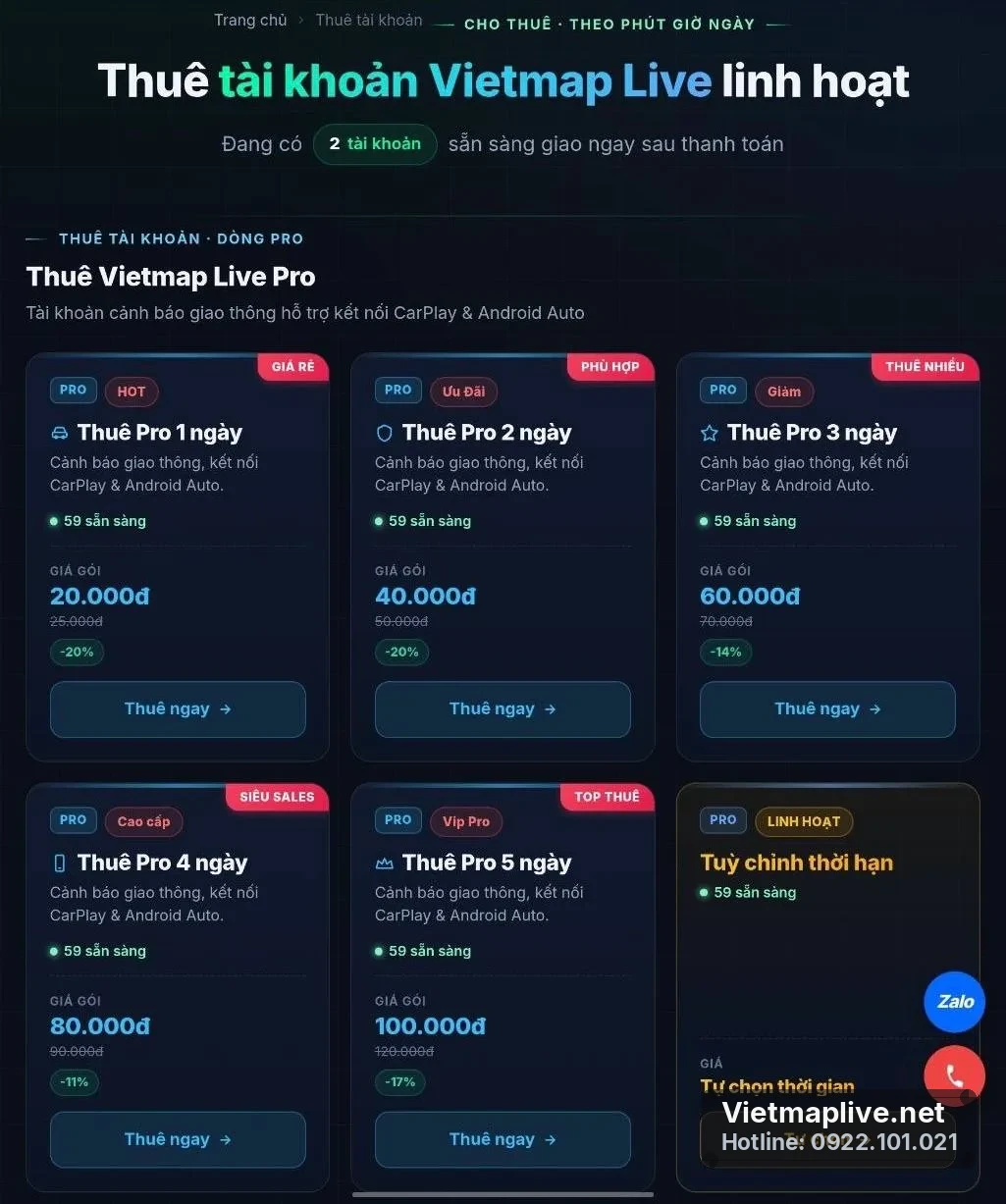 Bảng giá thuê tài khoản VietMap Live Pro linh hoạt theo ngày