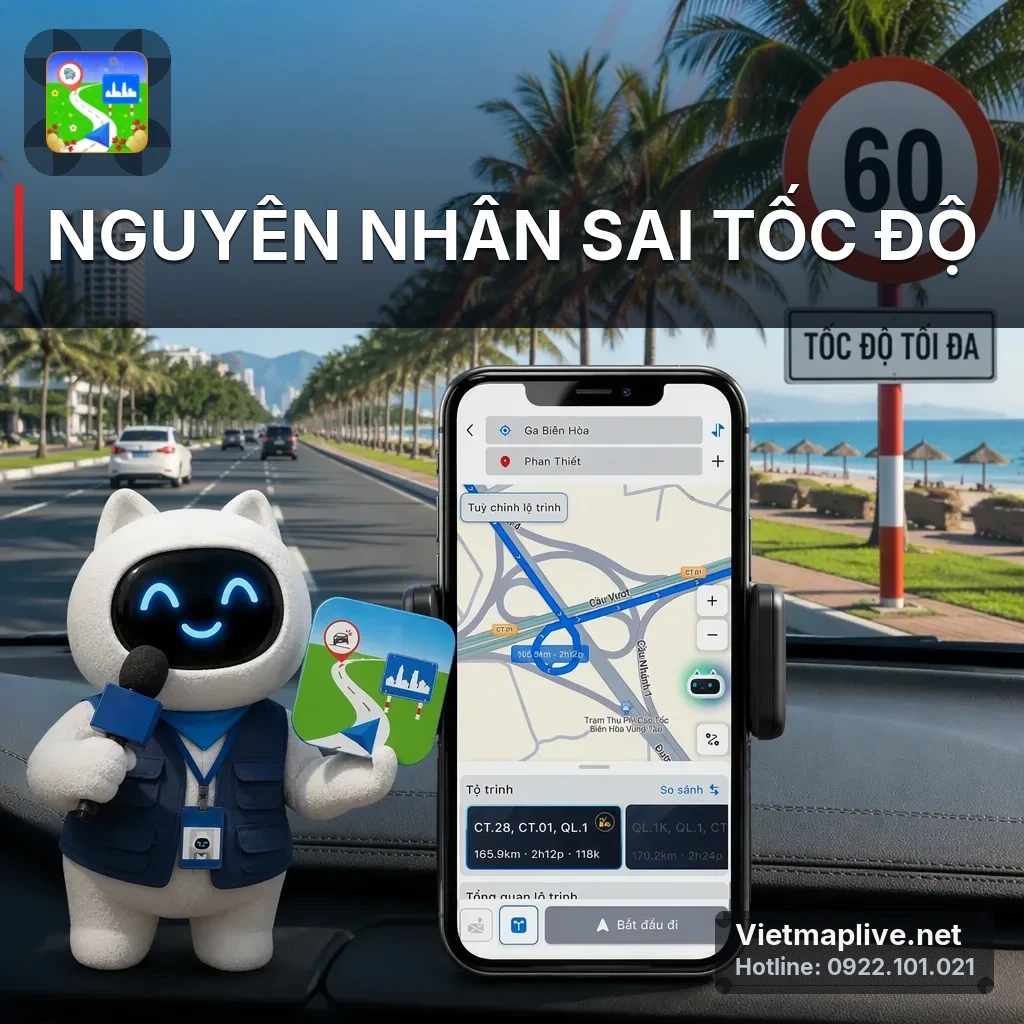 Hình ảnh màn hình điện thoại hiển thị tốc độ sai trên ứng dụng VietMap Live