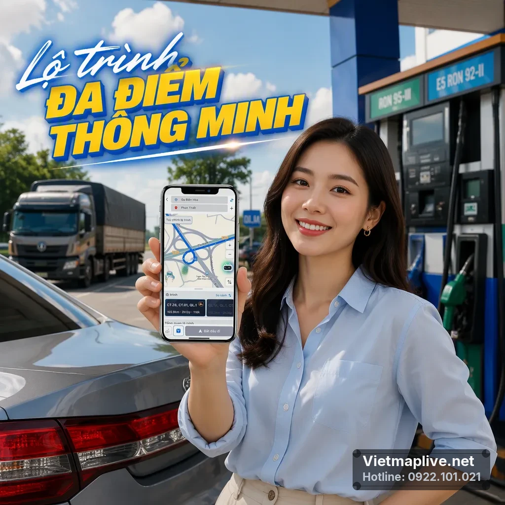 Lộ trình đa điểm trong ứng dụng VietMap Live trên điện thoại.