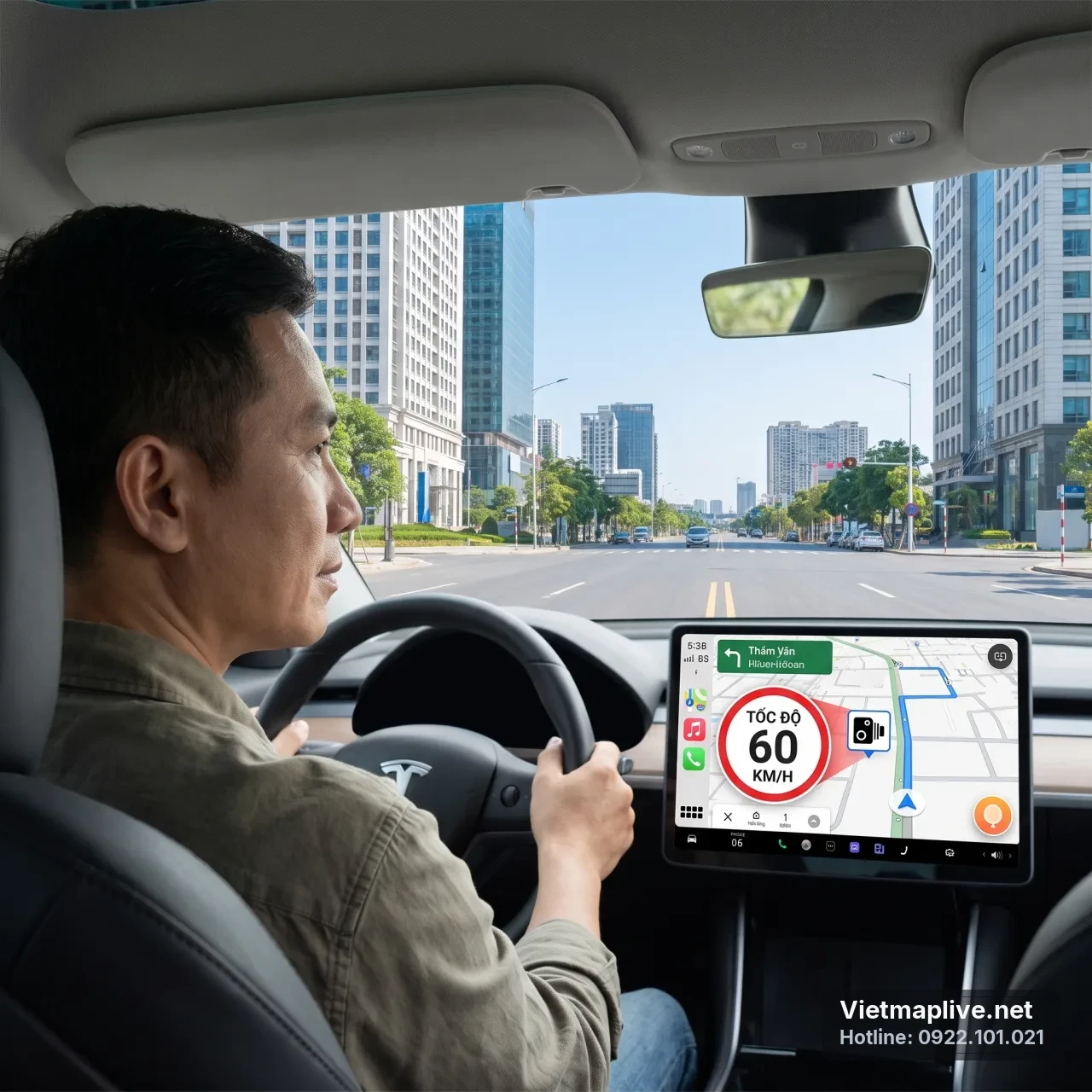 Tài xế Việt nhìn màn hình ứng dụng VietMap Live cảnh báo phạt nguội