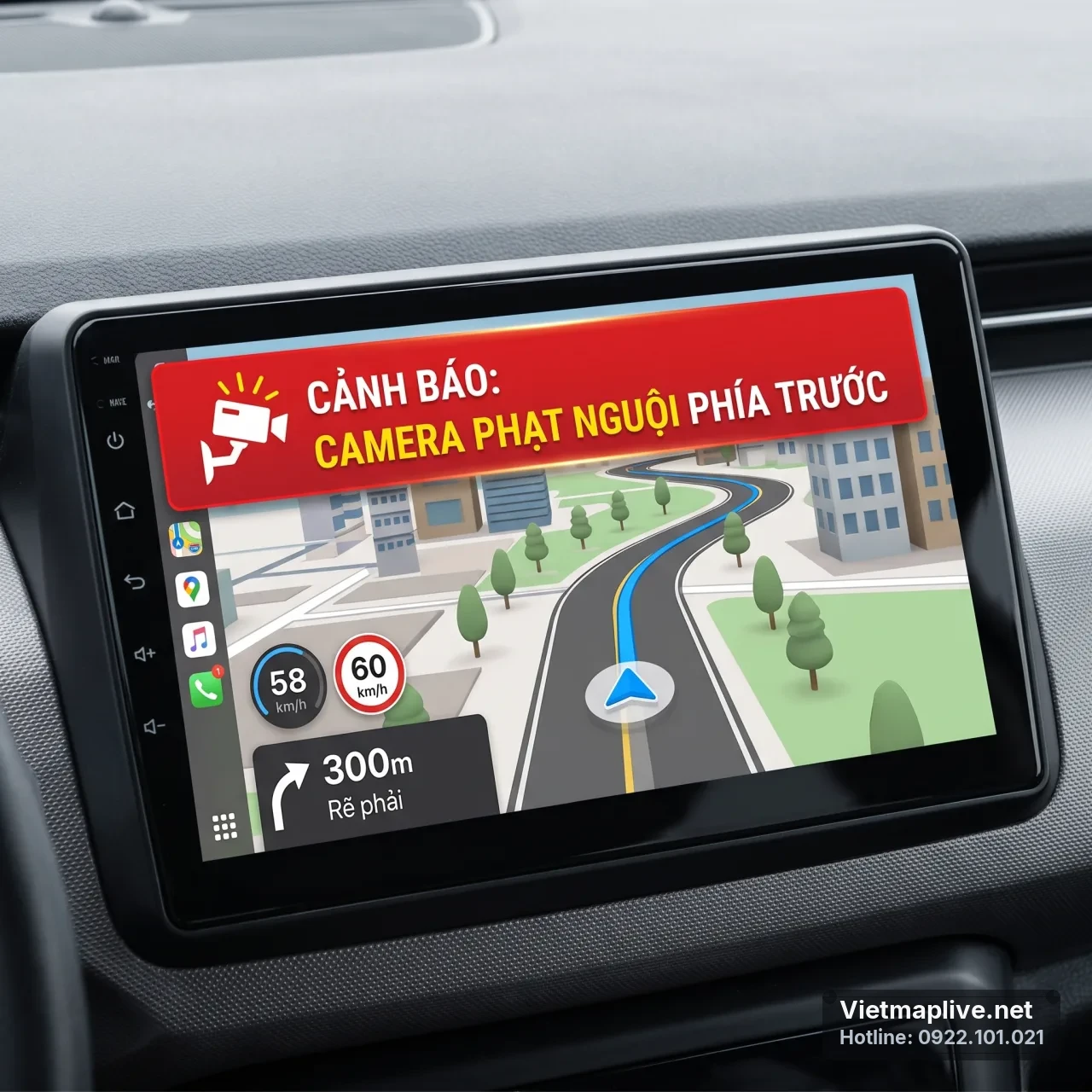 Cận cảnh màn hình Android trên ô tô hiển thị cảnh báo camera giao thông