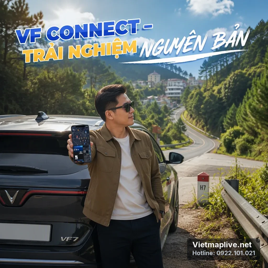Màn hình zin của VinFast VF7 hiển thị ứng dụng Vietmap Live qua VF Connect