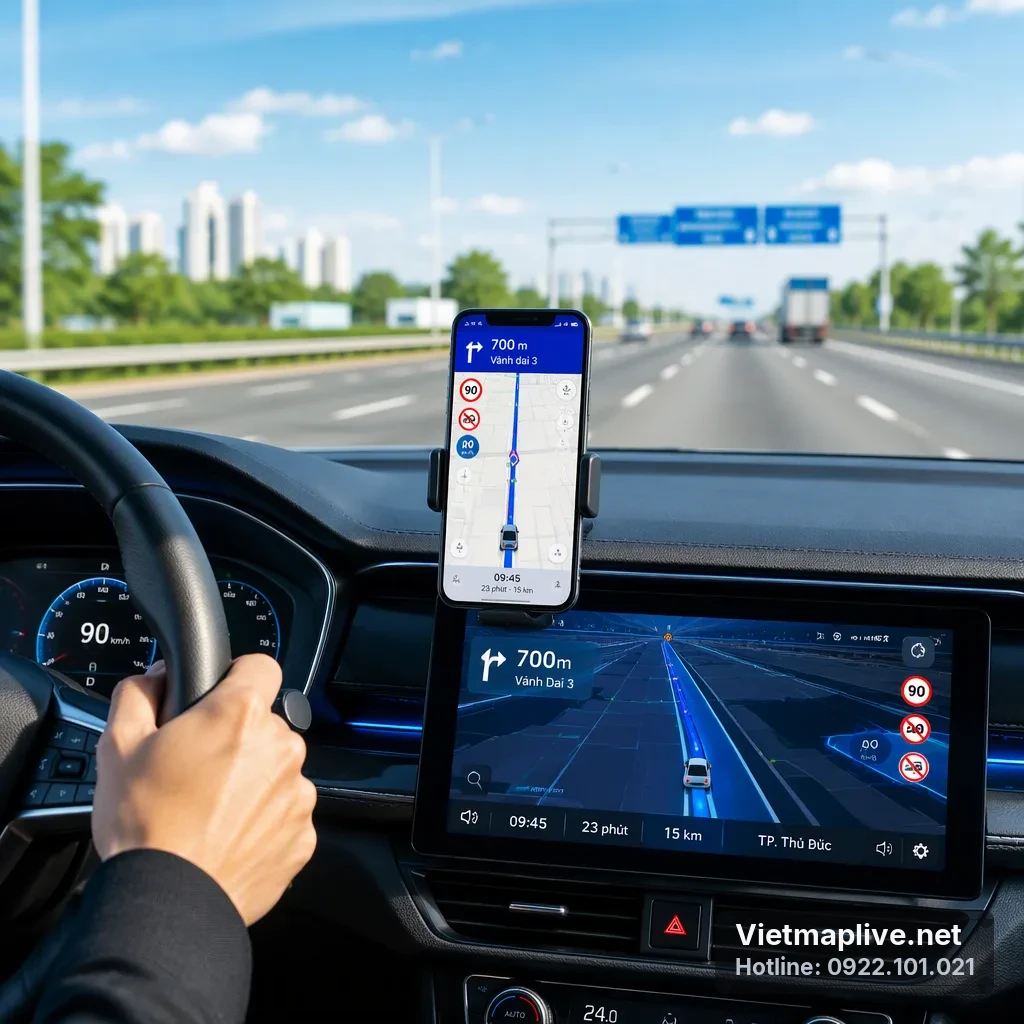Hình ảnh giao diện VietMap Live trên màn hình điện thoại trong xe