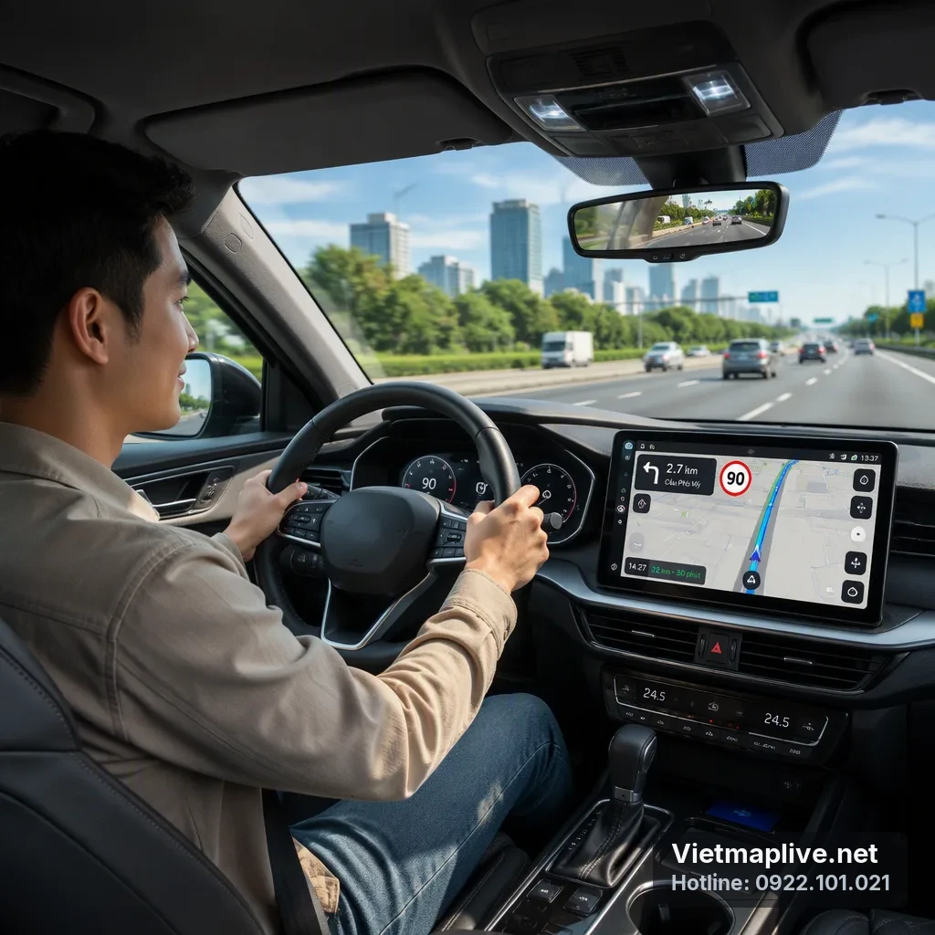 Người lái xe sử dụng VietMap Live trên hành trình đường dài