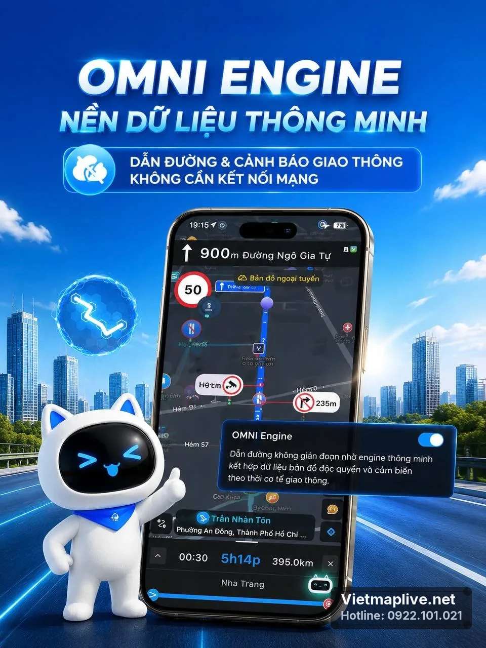 Giao diện OMNI Engine trên VietMap Live với cảnh báo giao thông và bản đồ offline.