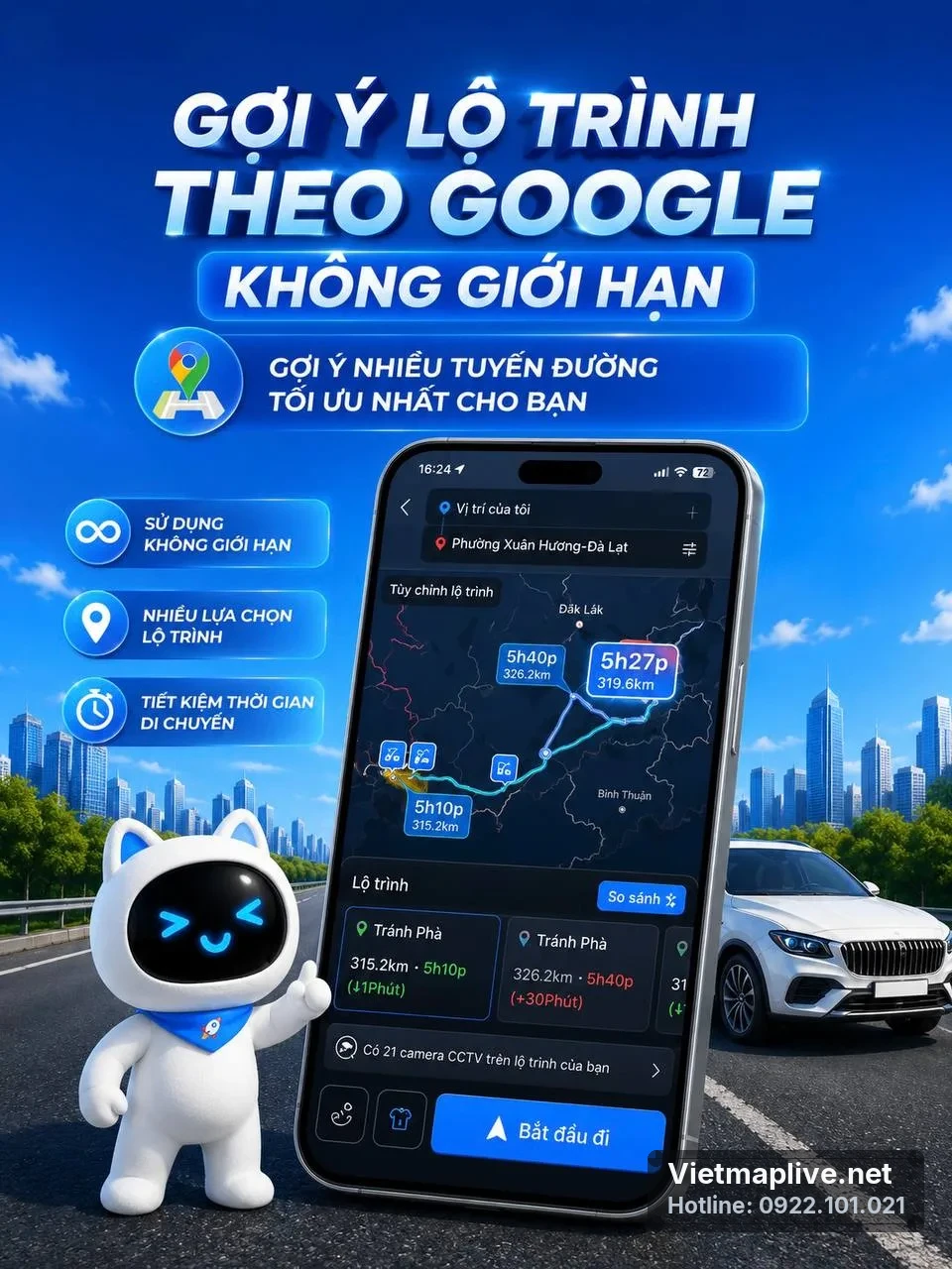 Tính năng gợi ý lộ trình theo Google Maps trên ứng dụng VietMap Live.