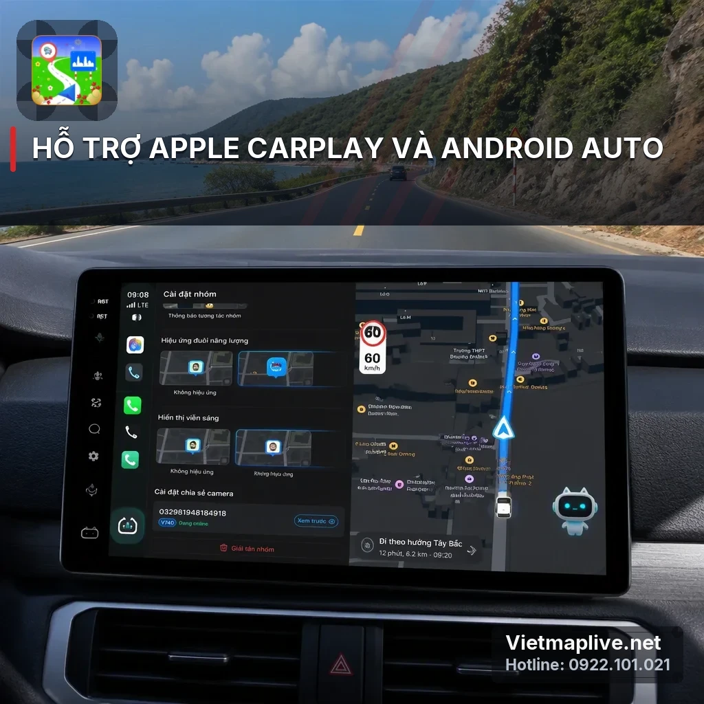 Màn hình xe hiển thị bản đồ VietMap Live Pro trên Apple CarPlay