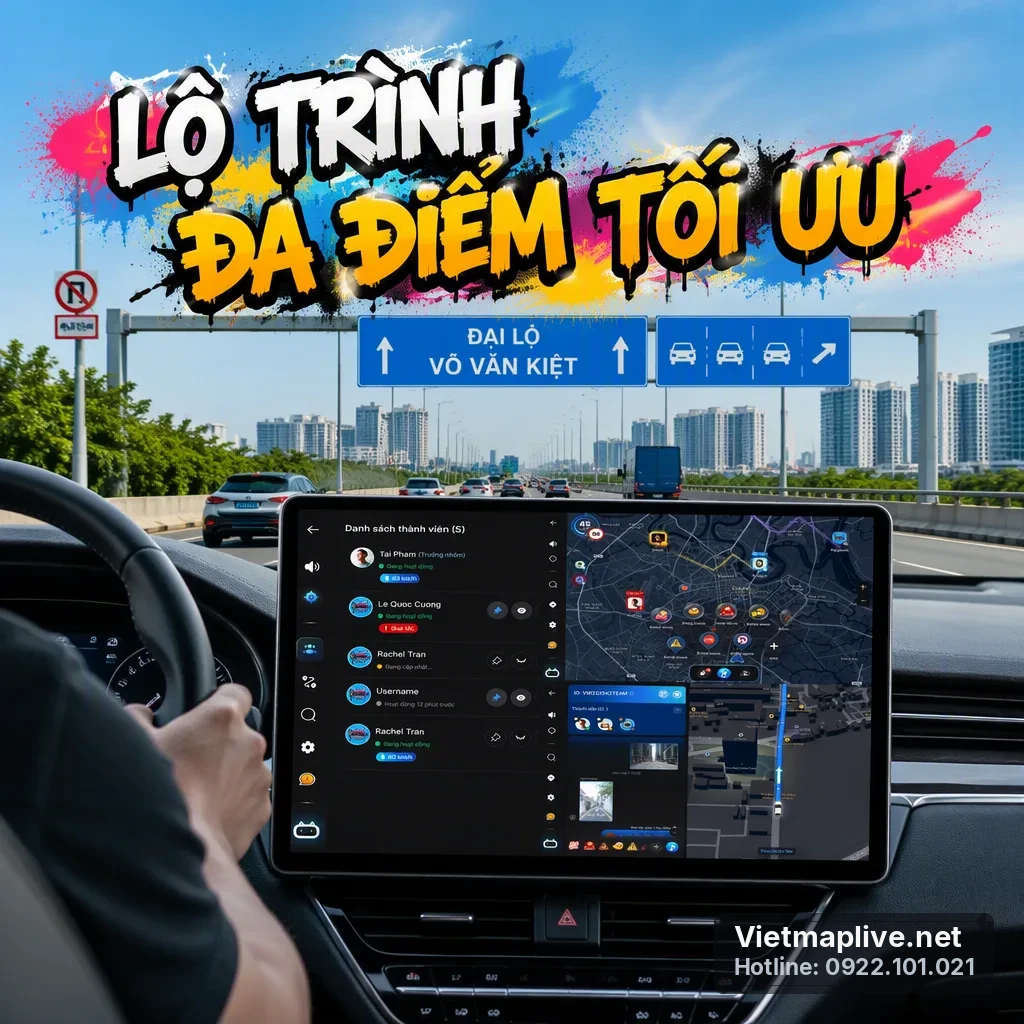 Màn hình hiển thị lộ trình đa điểm trong xe hơi.