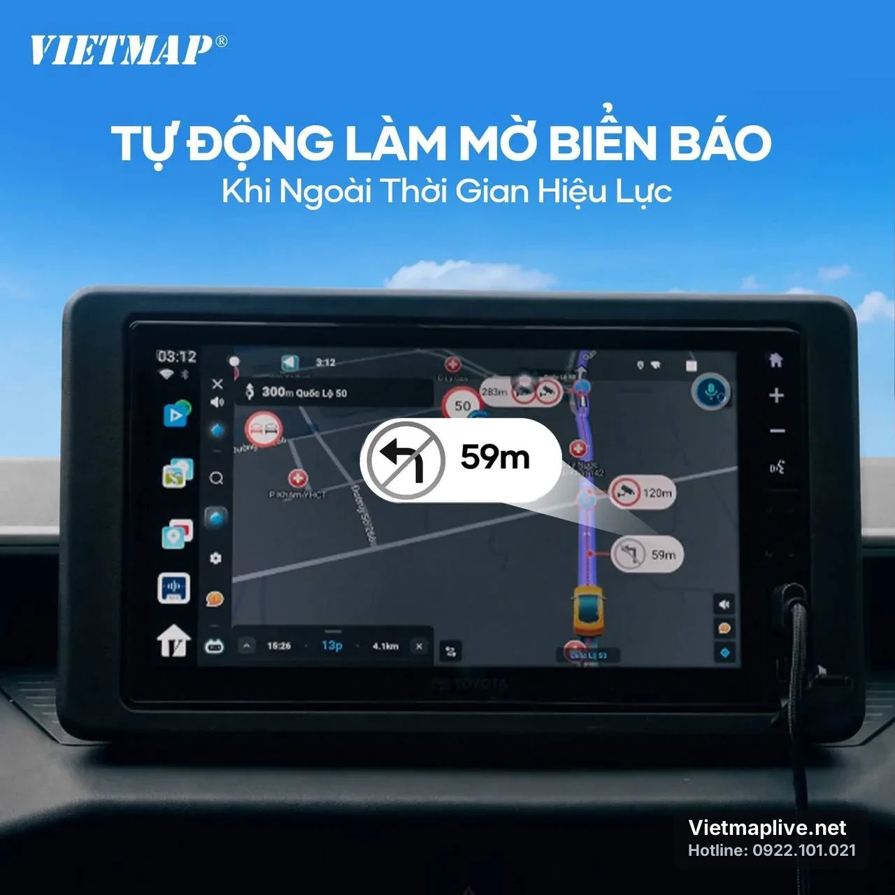 Màn hình VietMap Live hiển thị khoảng cách và tốc độ giới hạn.
